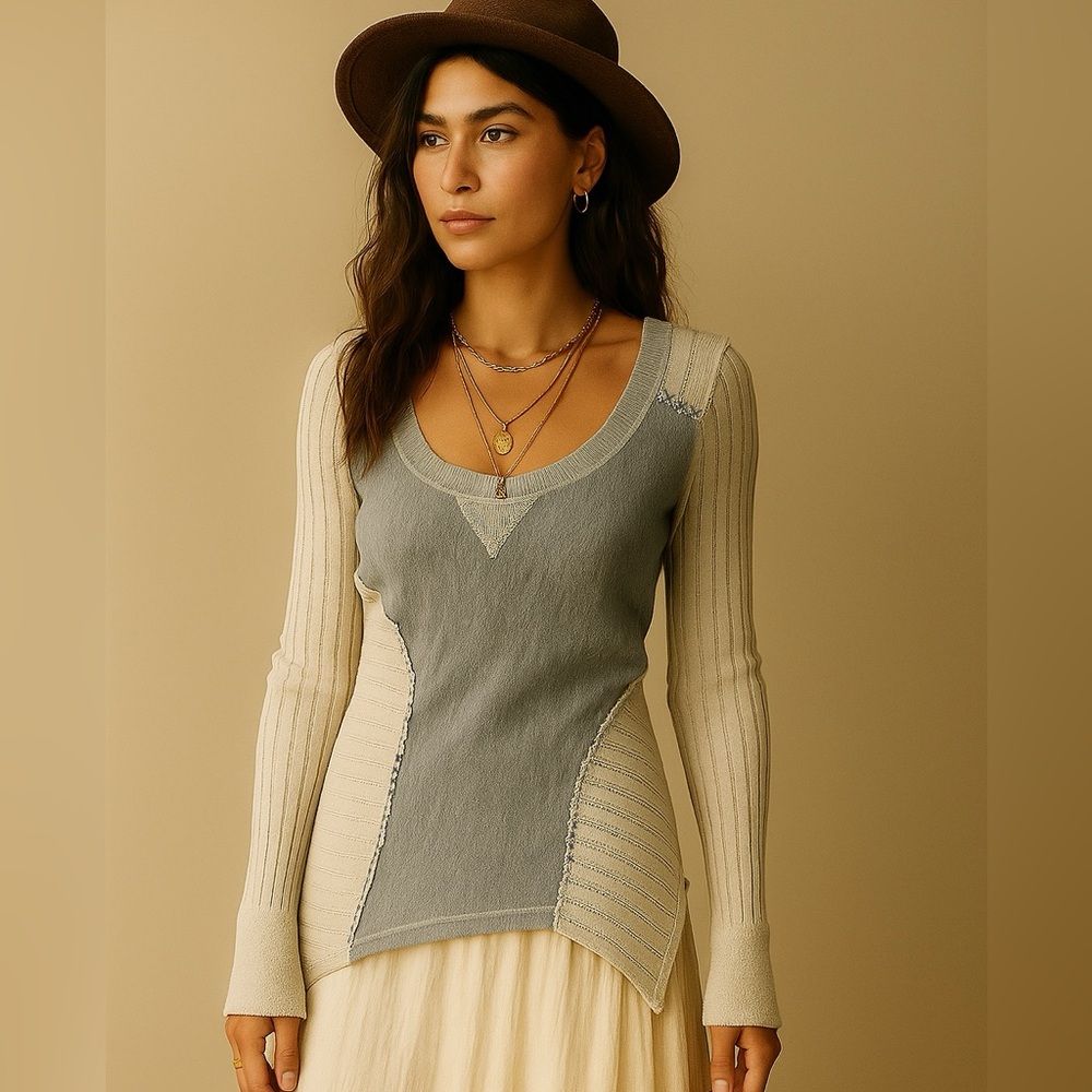 Anthropologie Saturday Sunday Asymmetrical Frayed Lace Fleece Sweater‎ Sz S NWOT